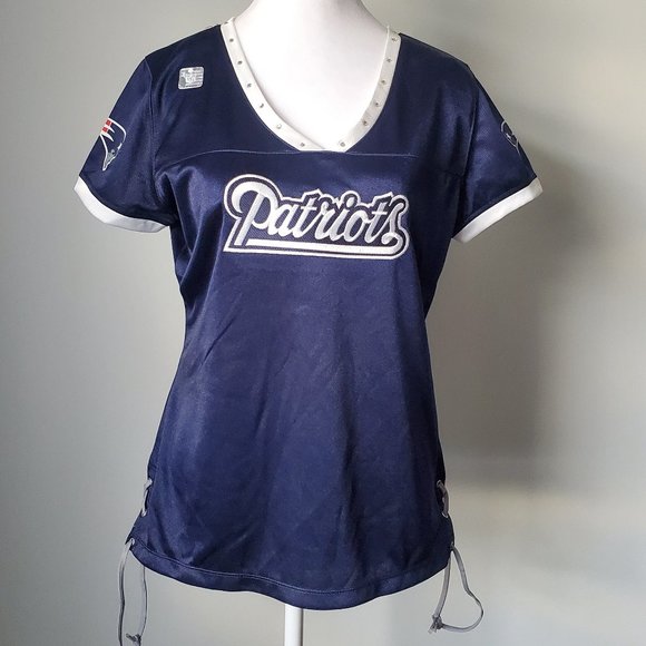 Women's New England Patriots Fans Jersey Fandom Embroidered Logo Blue White NWT - Picture 1 of 11